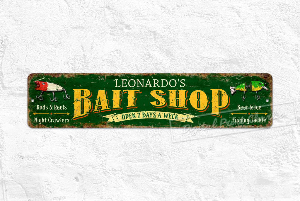 Custom Bait Shop Metal Sign – Personalized Fishing Decor for Cabin, Lake House, or Man Cave