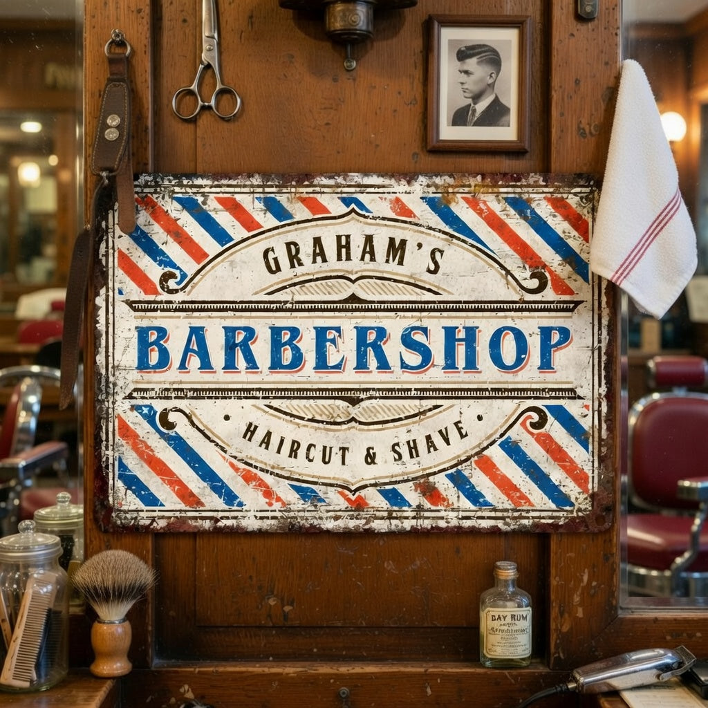 Personalized Barber Shop Metal Sign – Vintage Grooming Décor