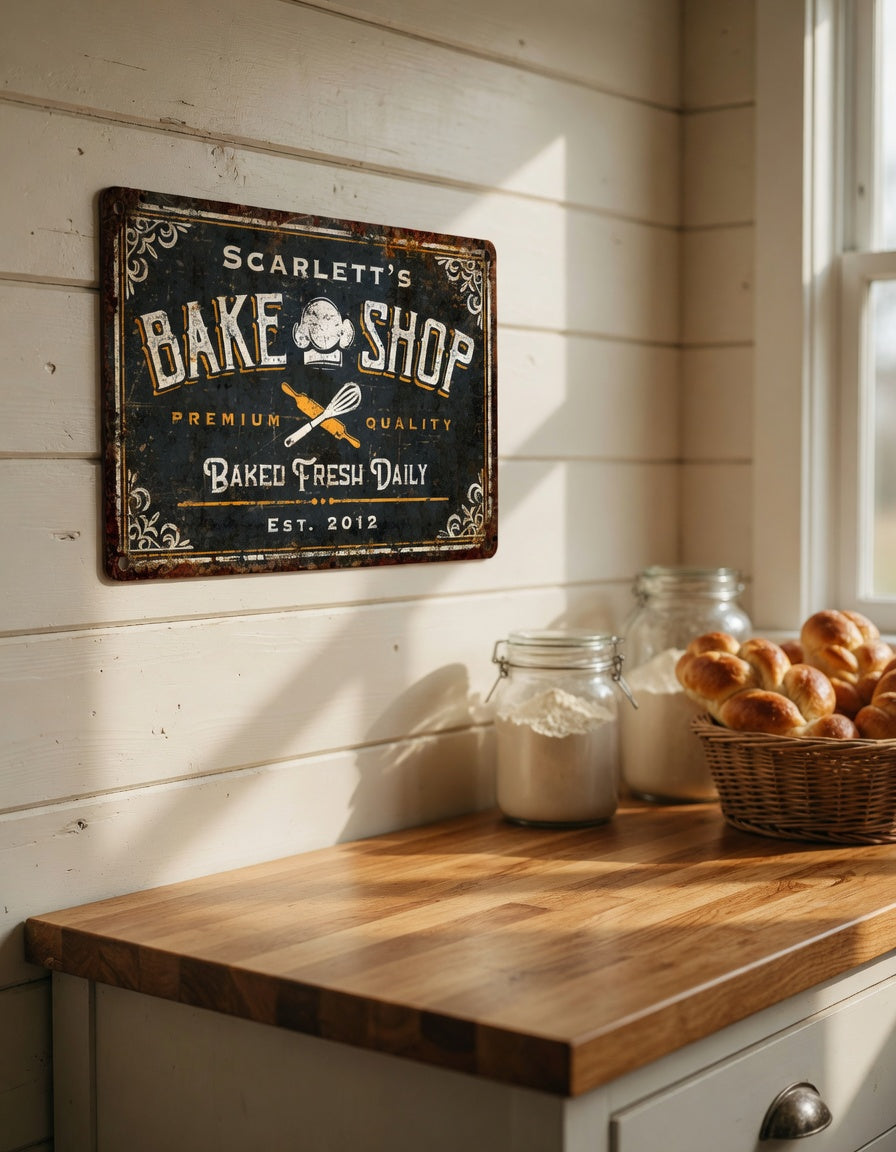 Personalized Rustic Bake Shop Metal Sign – Farmhouse Kitchen Décor