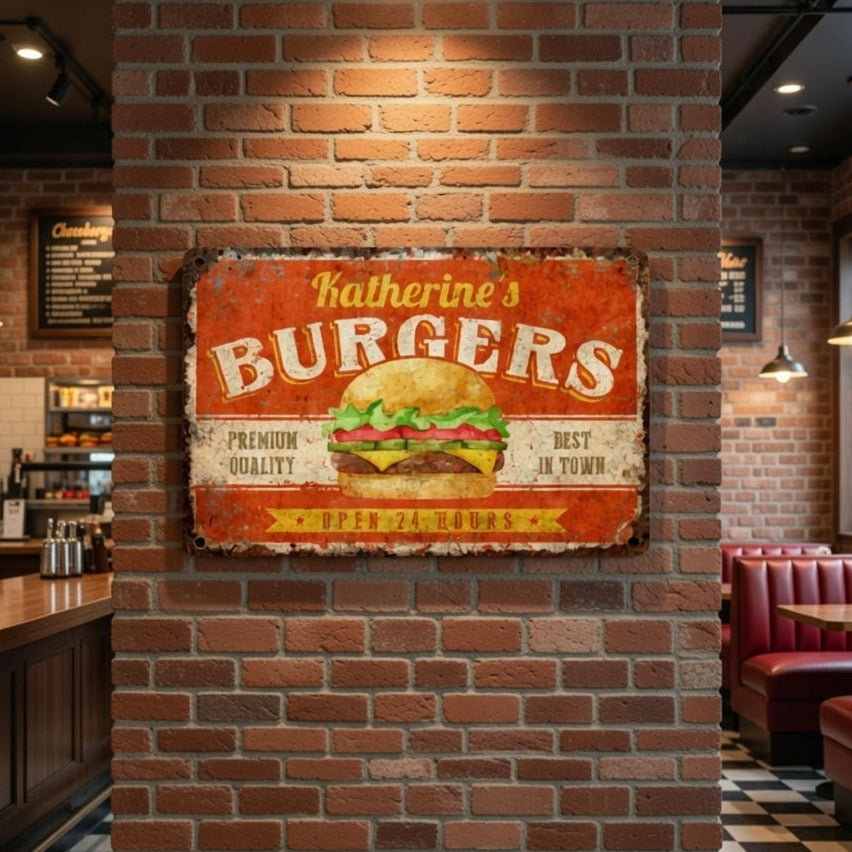 Rustic personalized burgers kitchen metal sign with custom name