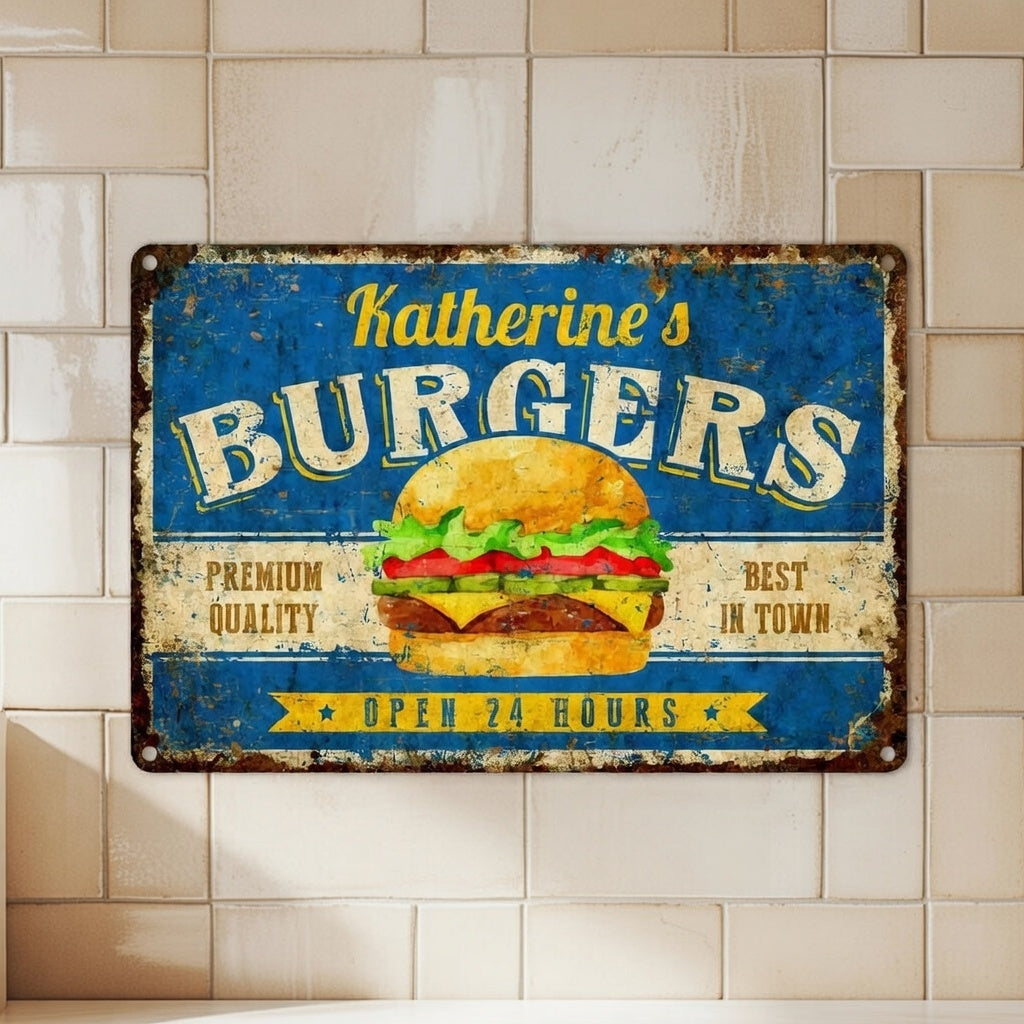 Personalized Burgers Kitchen Metal Sign  Rustic Custom Wall Décor Aluminum Plaque