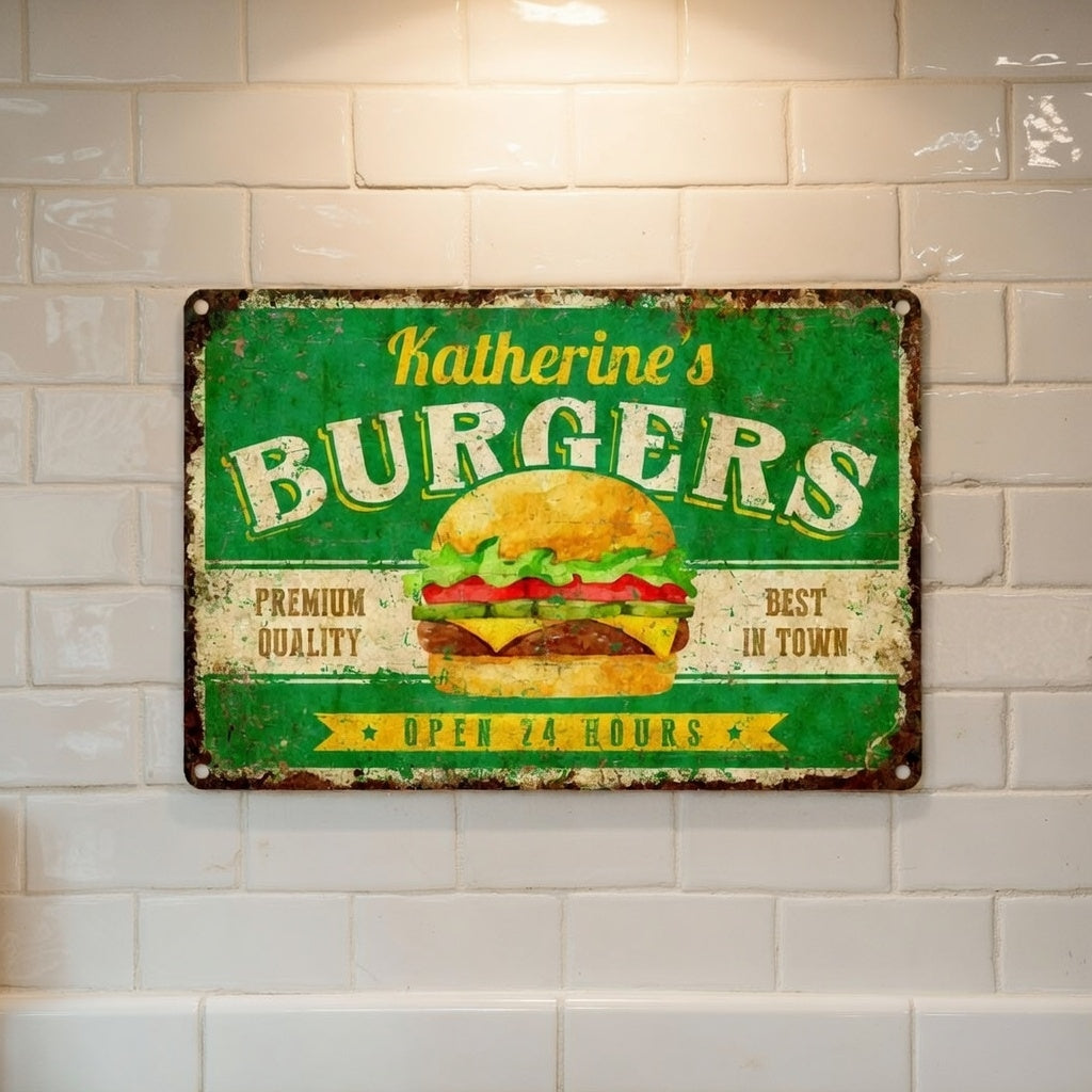 Personalized Burgers Kitchen Metal Sign  Rustic Custom Wall Décor Aluminum Plaque