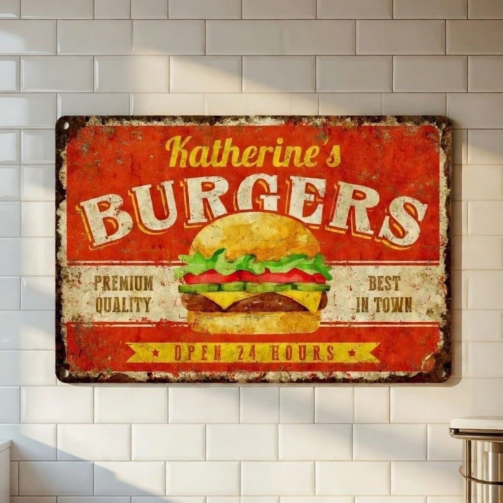 Vintage burger restaurant wall sign foodie gift