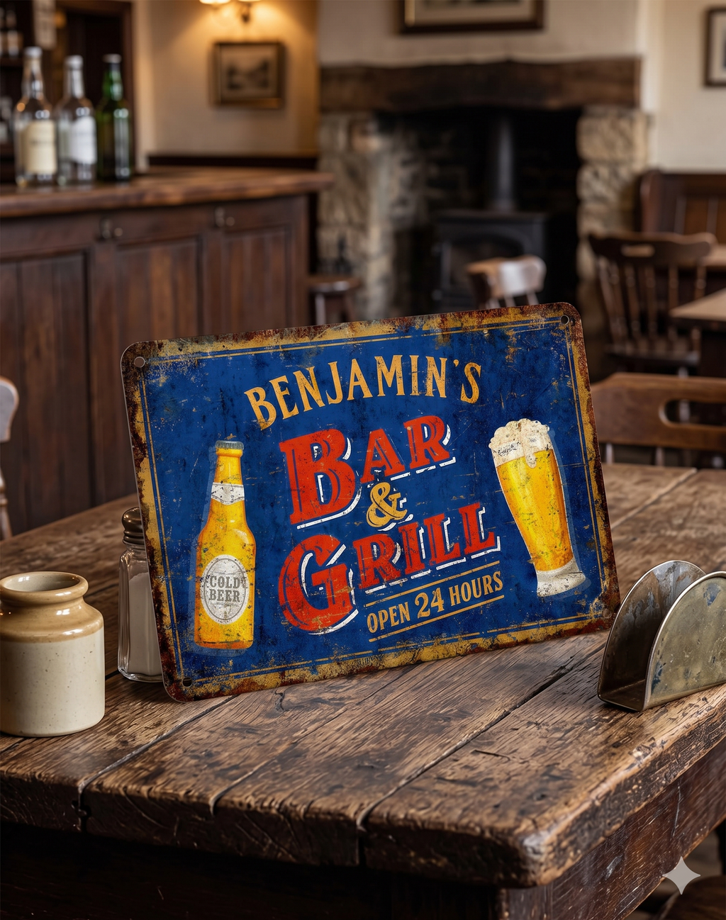 Personalized Bar & Grill Metal Sign – Rustic Outdoor Décor