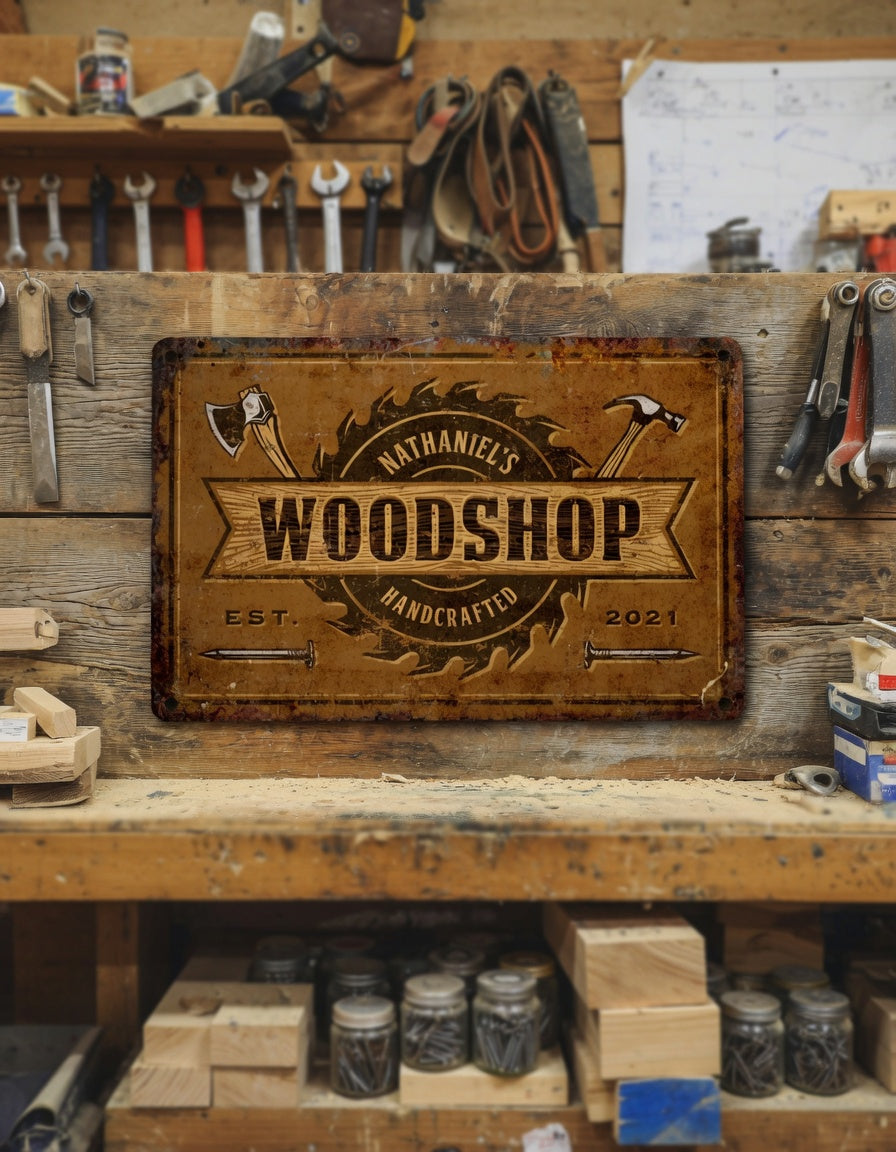 Personalized Rustic Woodshop Metal Wall Sign