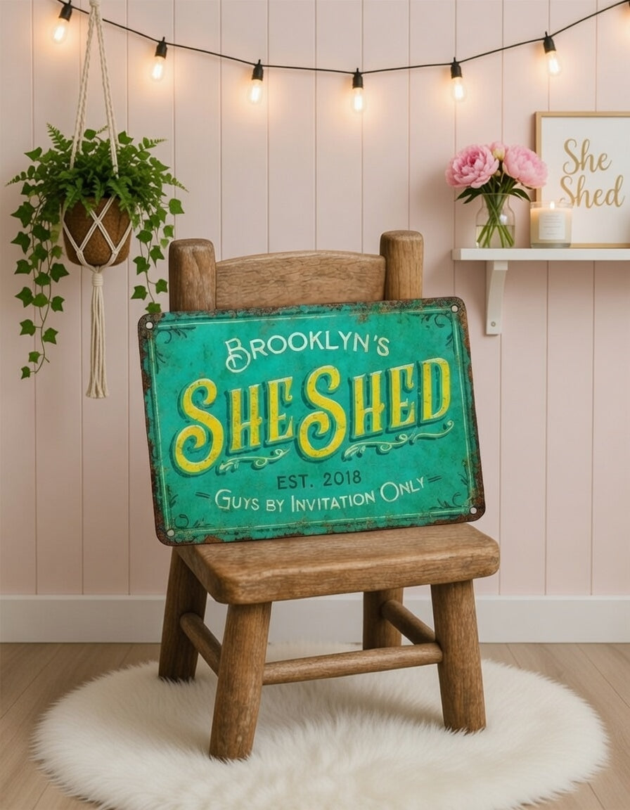 Custom She Shed Metal Sign – Personalized Girl Room Rustic Plaque