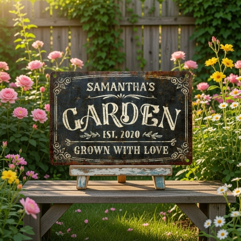 Rustic personalized garden metal sign with custom name