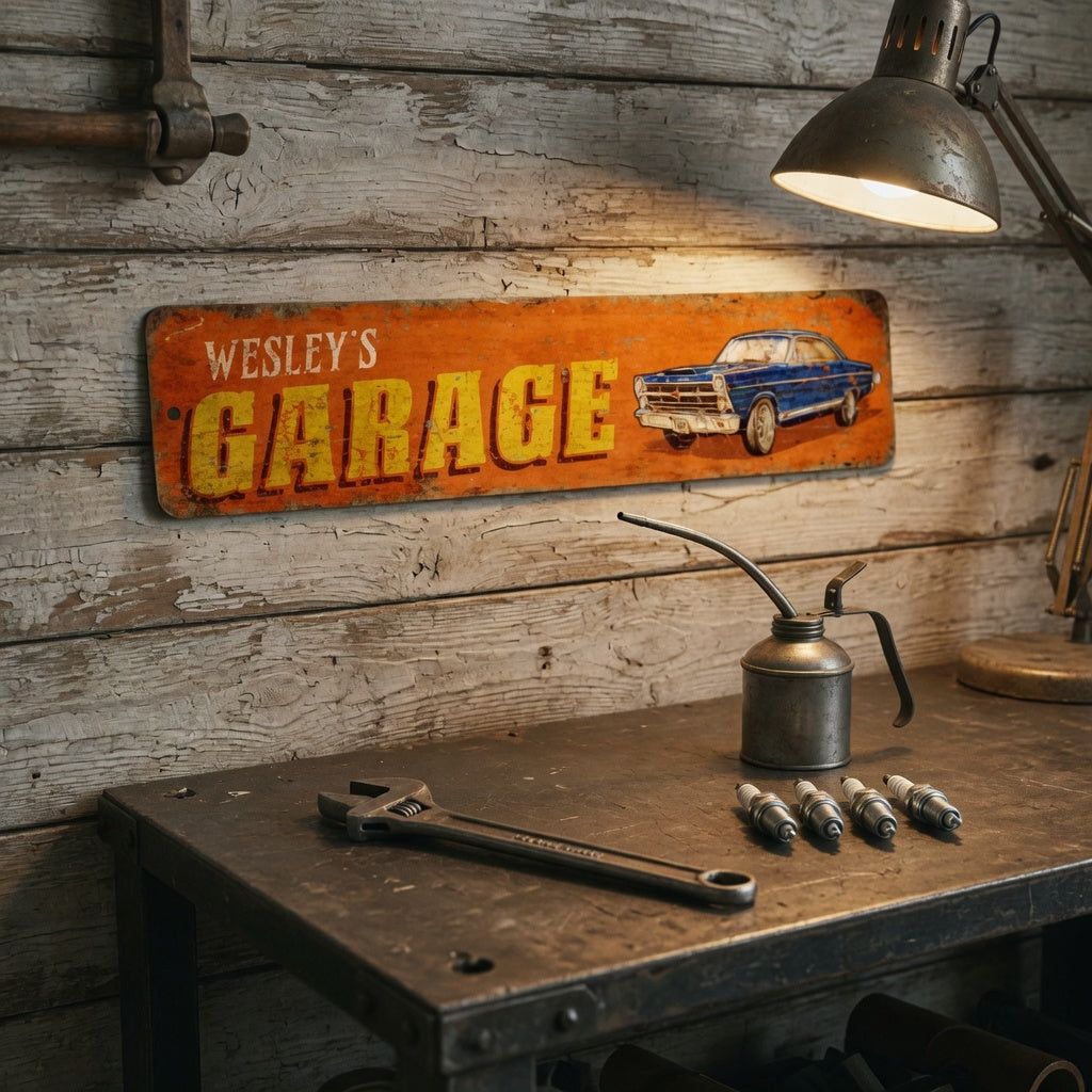 Personalized Vintage Garage Plaque – Rustic Metal Wall Sign