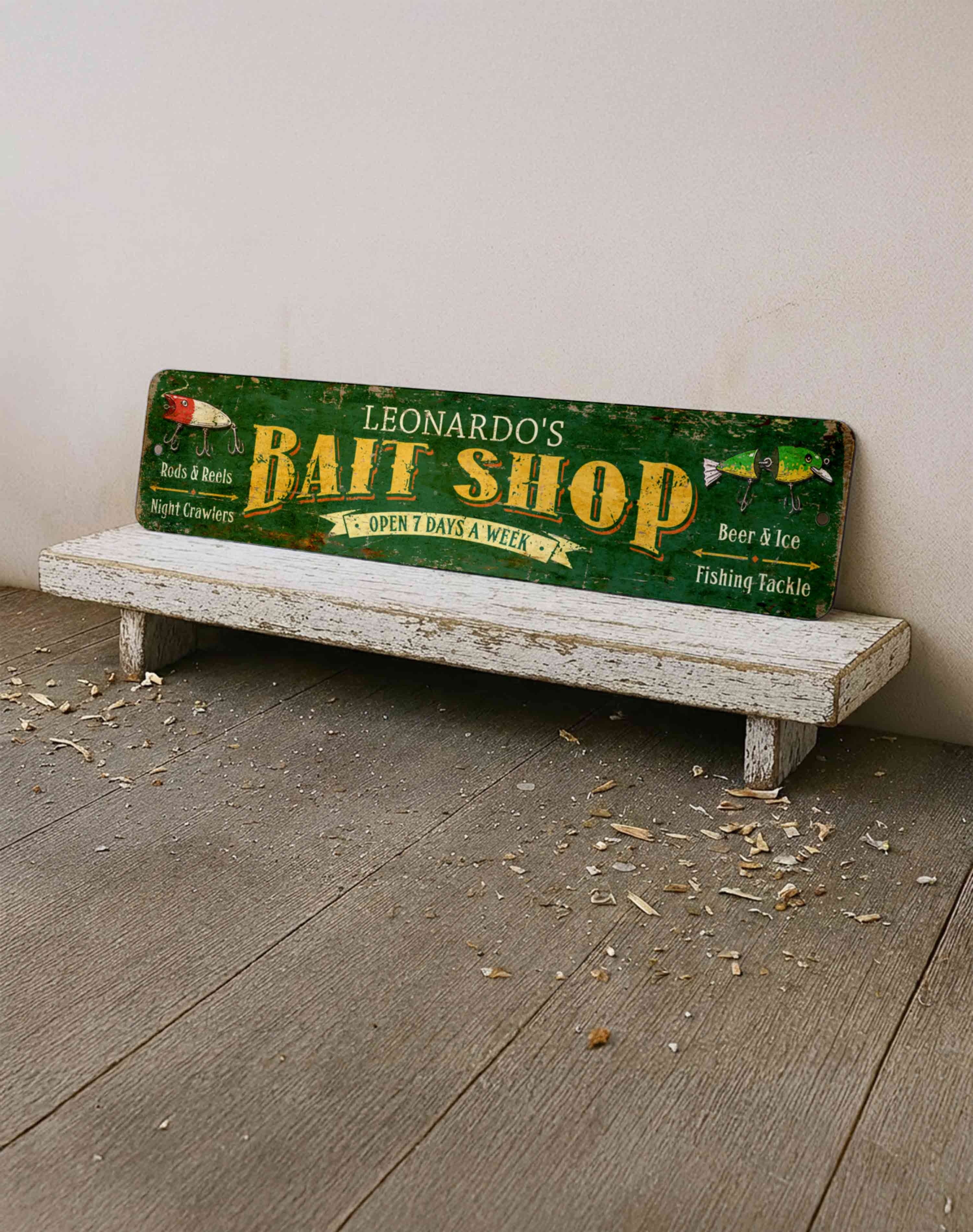 Custom Bait Shop Metal Sign – Personalized Fishing Decor for Cabin, Lake House, or Man Cave