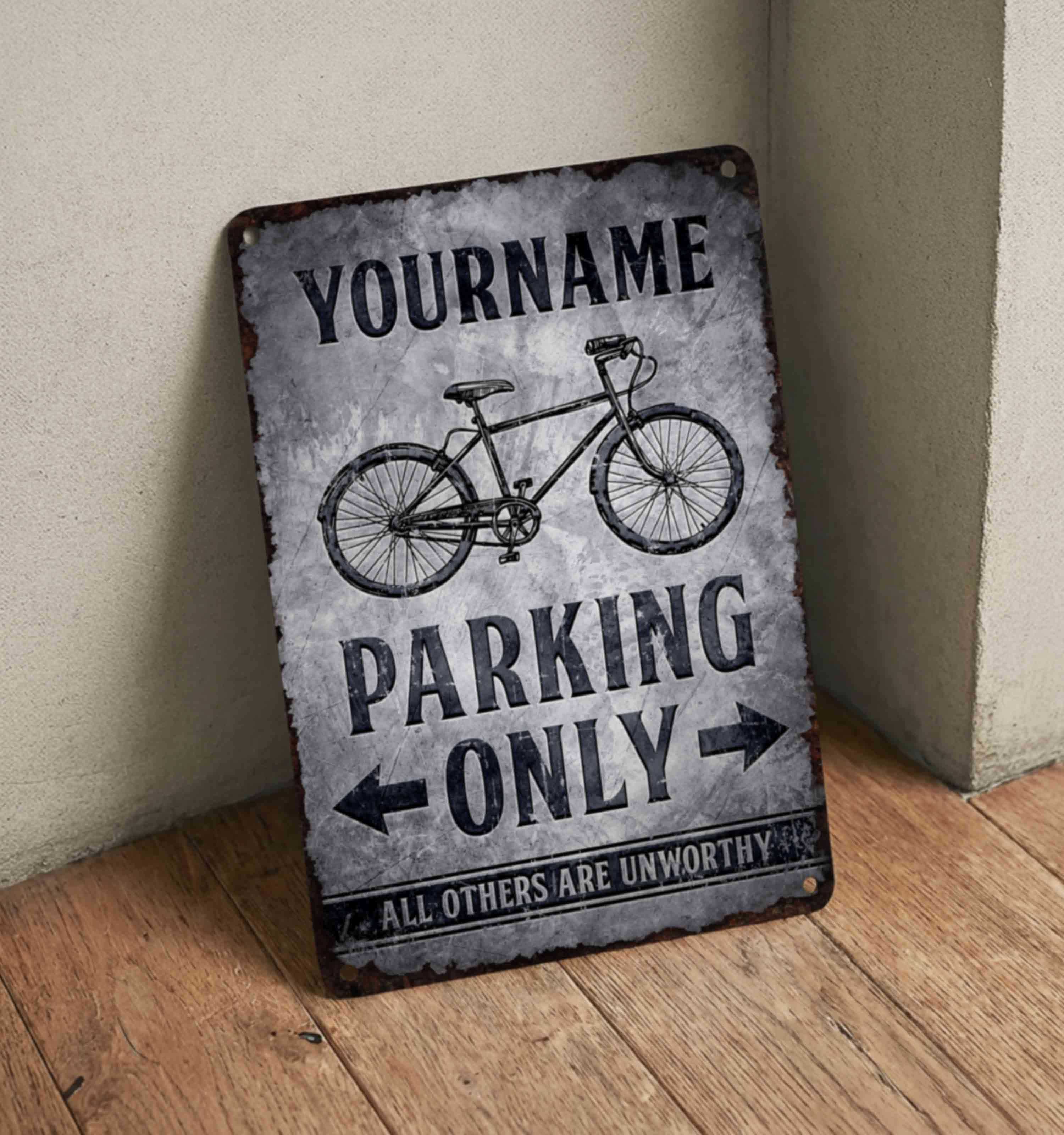 Personalized Bicycle Parking Sign – Rustic Metal Plaque