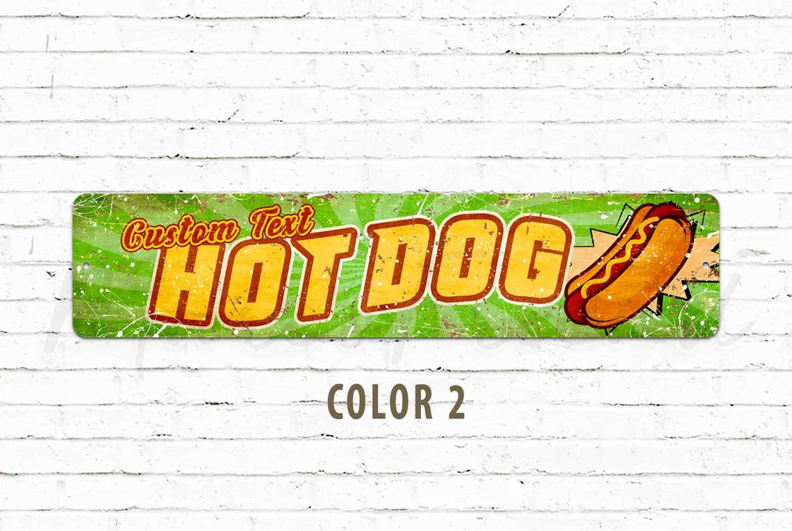 Custom Hot Dog Metal Sign – Personalized Retro Wall Décor for Kitchen, Bar, or Restaurant