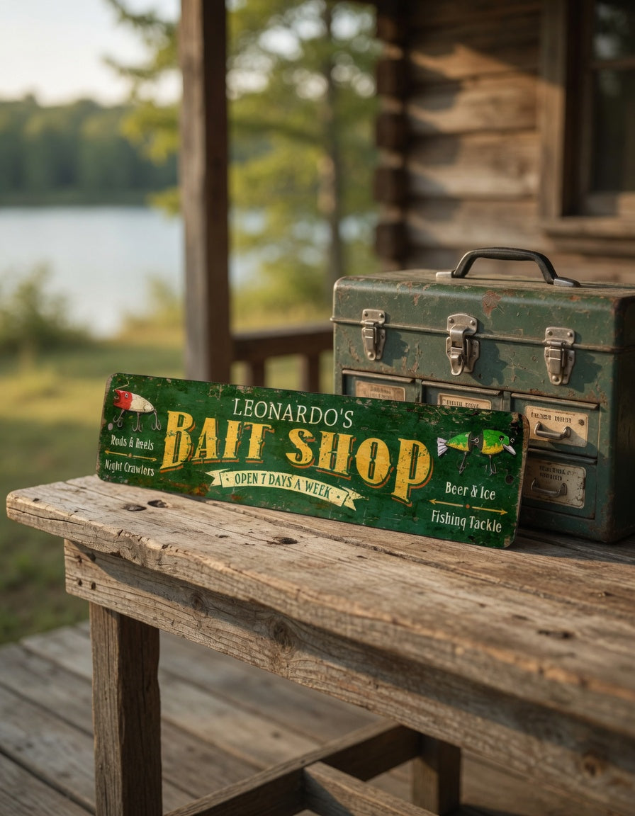 Custom Bait Shop Metal Sign – Personalized Fishing Decor for Cabin, Lake House, or Man Cave