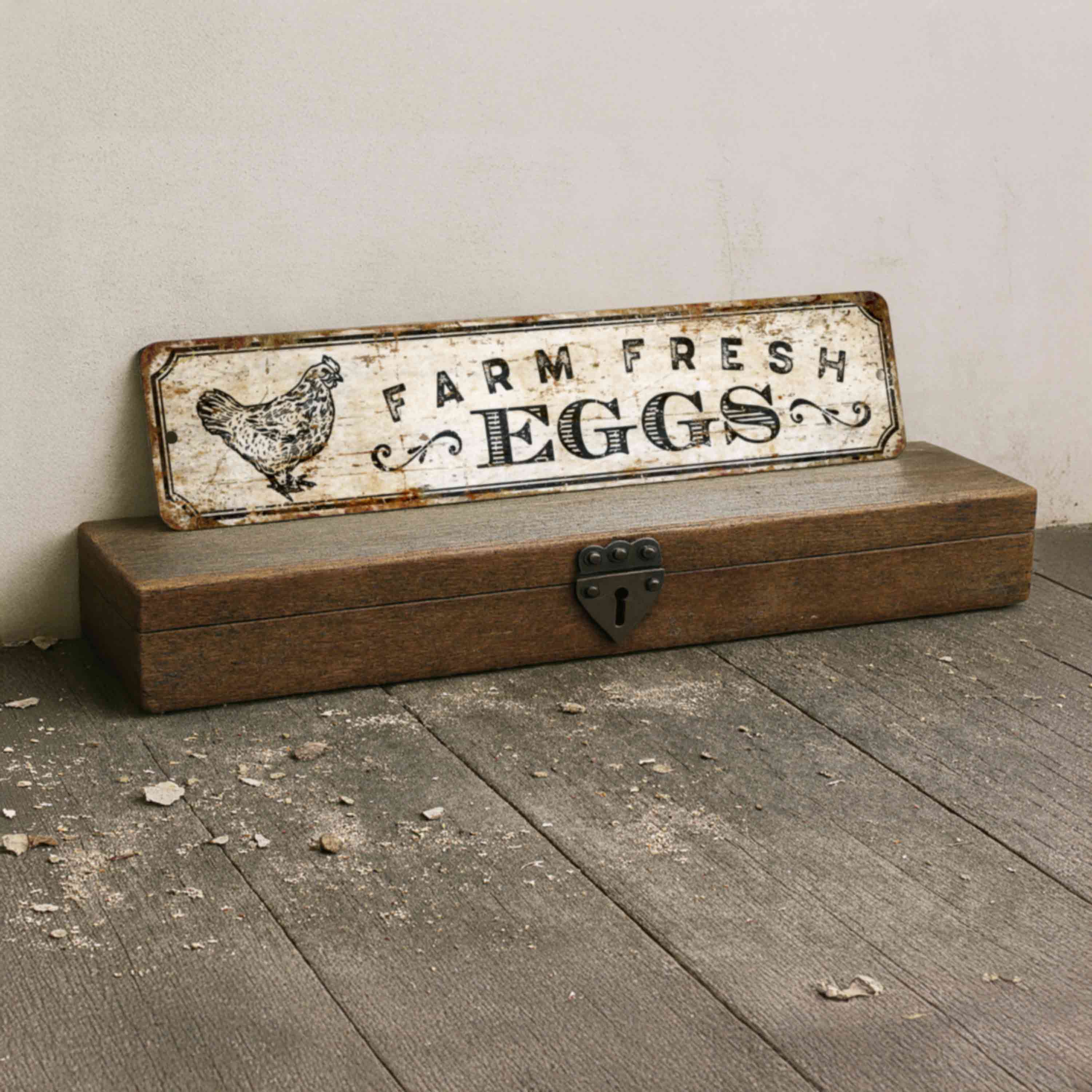 Vintage-style 'Farm Fresh Eggs' sign with a rustic background.