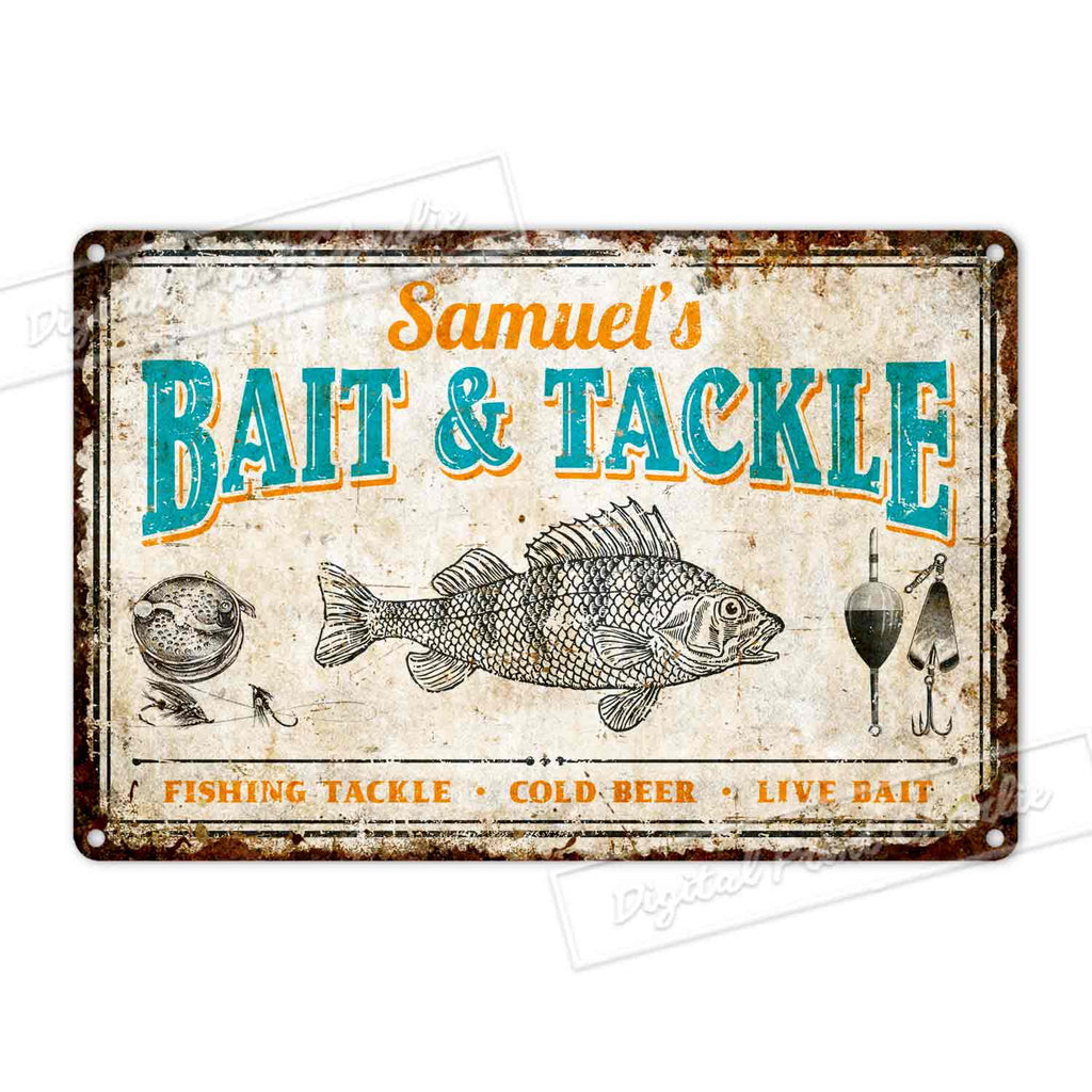 Custom Bait & Tackle Metal Sign – Personalized Rustic Fishing Shop Wall Plaque