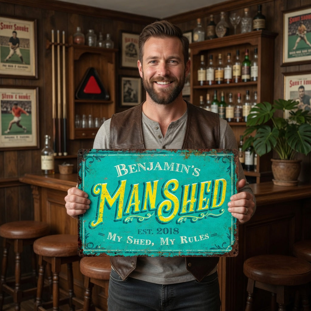 Custom Metal Man Shed Sign in 10 Colors, Personalized Bar Decor Gift for Husband