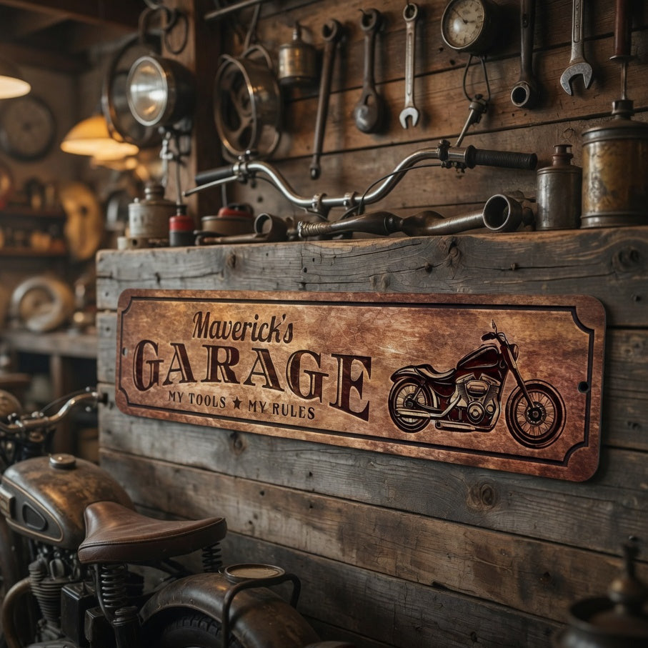 Rustic Metal Garage Plaque – Motorcycle Enthusiast Gift