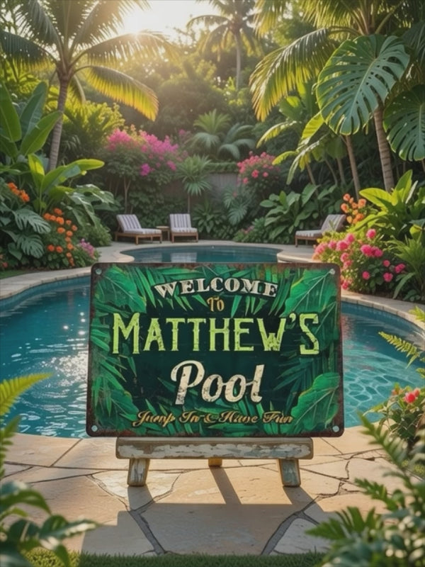 Personalized tropical pool metal sign with custom name