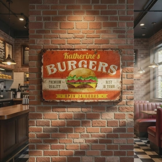 Vintage burger restaurant wall sign foodie gift