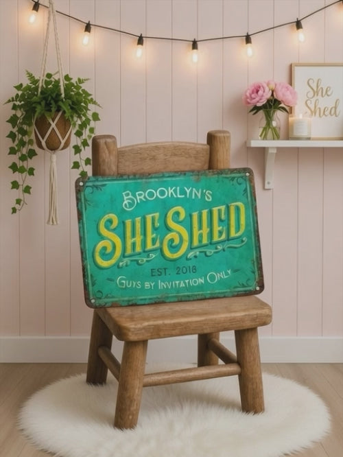 Custom She Shed Metal Sign – Personalized Girl Room Décor, Rustic Outdoor Plaque