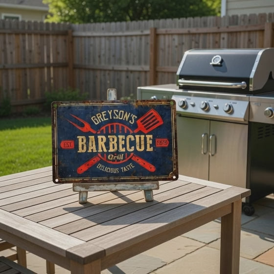Personalized Outdoor Grill Sign with Rustic Design