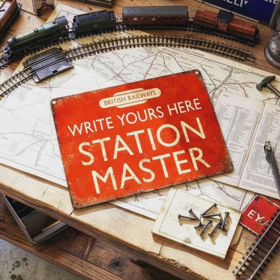 British Railways Station Master Sign – Vintage Personalized Metal Plaque for Home, Pub, or Office Décor