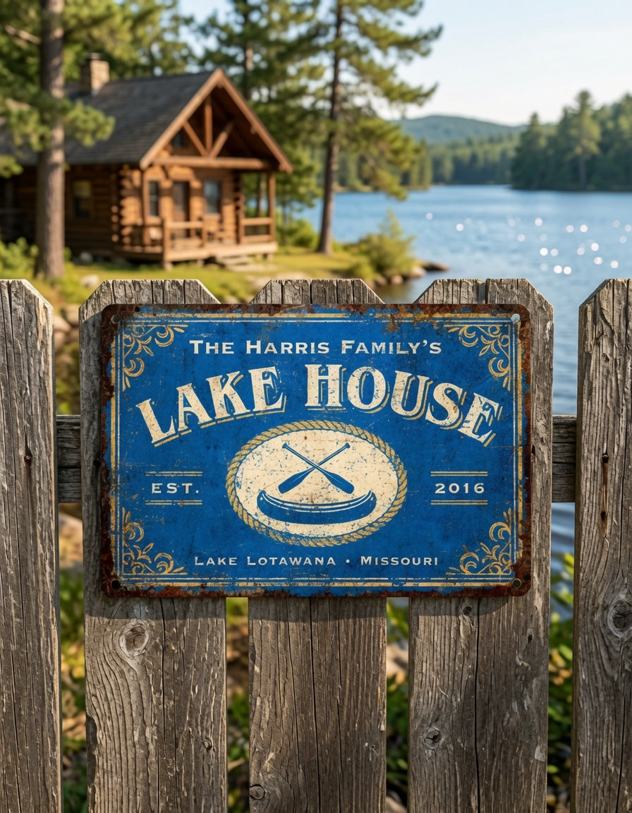 Custom Lake House Metal Sign, Personalized Outdoor Cabin Porch Decor for Man Cave Gift