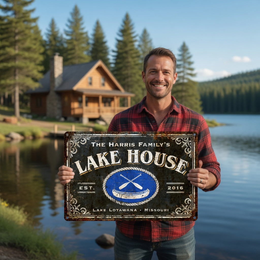 Custom Lake House Metal Sign, Personalized Outdoor Cabin Porch Decor for Man Cave Gift
