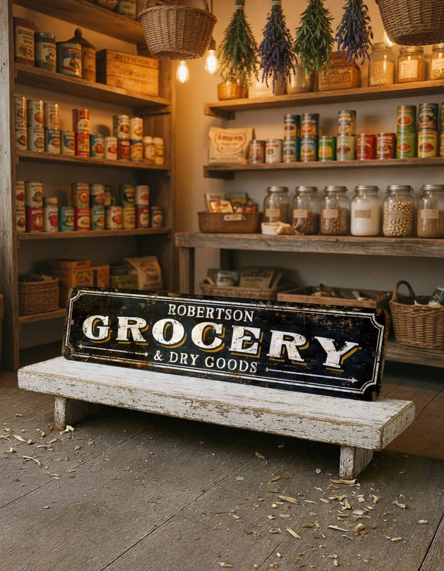Personalized Vintage Grocery & Dry Goods Sign – Custom Retro Metal Plaque