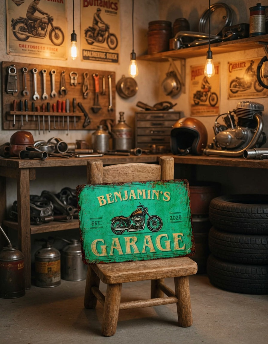 Personalized Vintage Motorcycle Garage Sign – Retro Wall Art