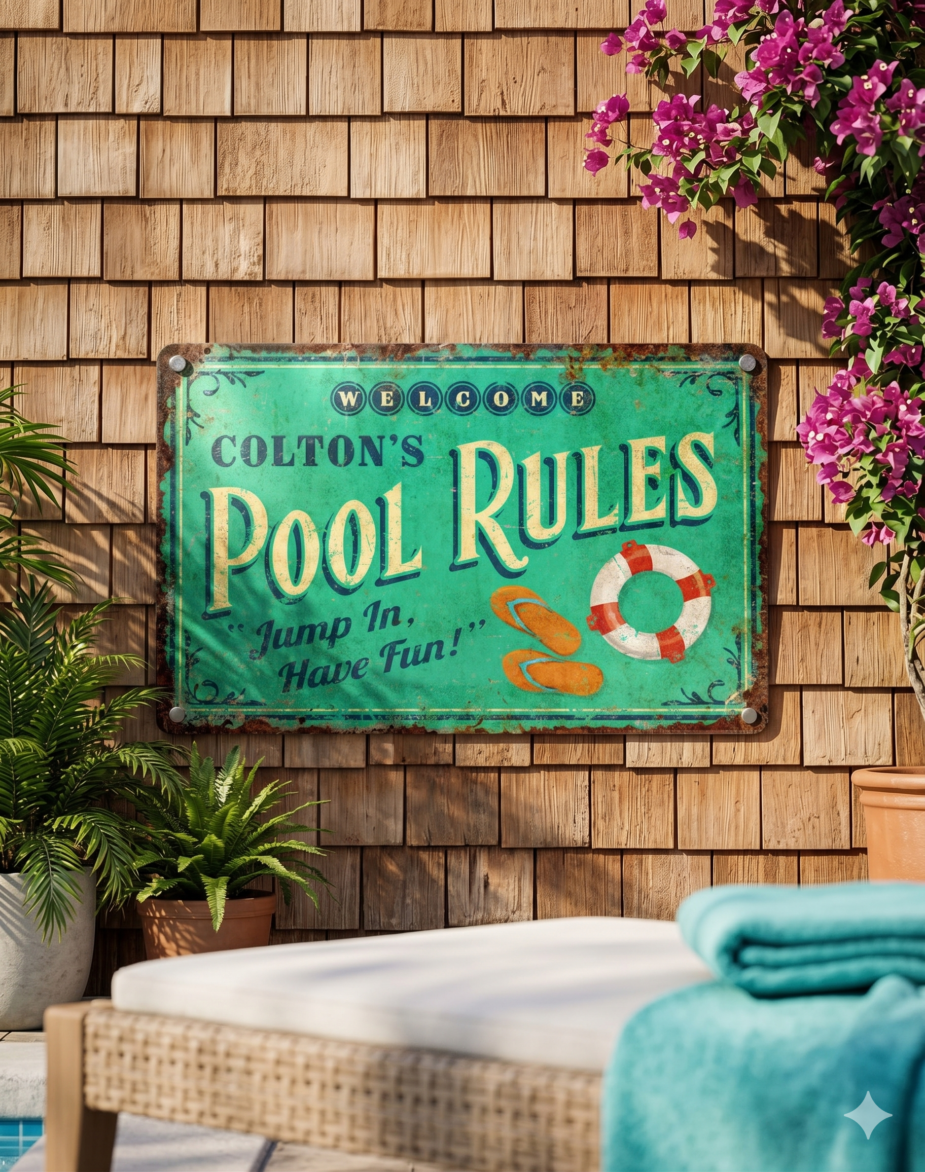 Custom Pool Rules Metal Sign, Personalized Backyard Wall Decor, Vintage Summer Housewarming Gift Plaque