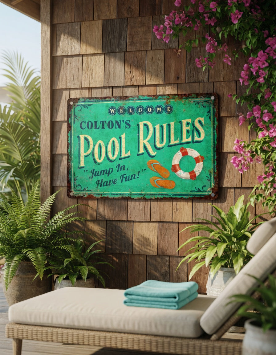 Custom Pool Rules Metal Sign, Personalized Backyard Wall Decor, Vintage Summer Housewarming Gift Plaque