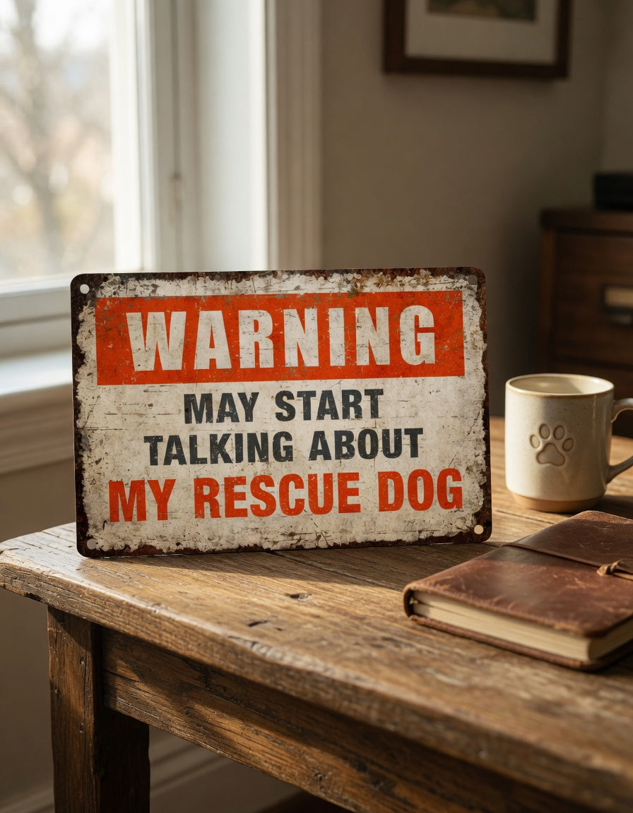 A funny personalized metal warning sign displayed on a rustic wooden desk next to a coffee mug in a home office.
