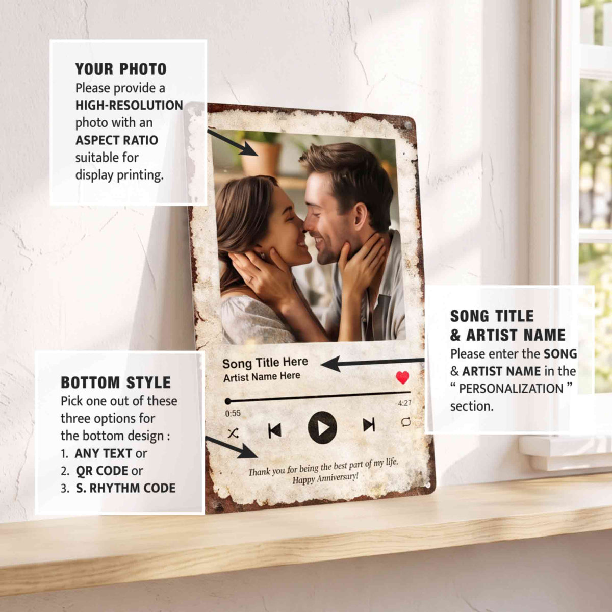 Personalized Photo Song Code Sign, Aluminum Custom Family Photo Wall Decor Romantic Gift