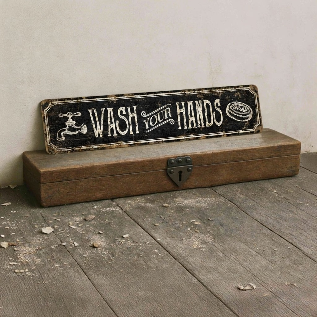 Rustic Wash Your Hands Metal Sign – Vintage Bathroom Wall Décor