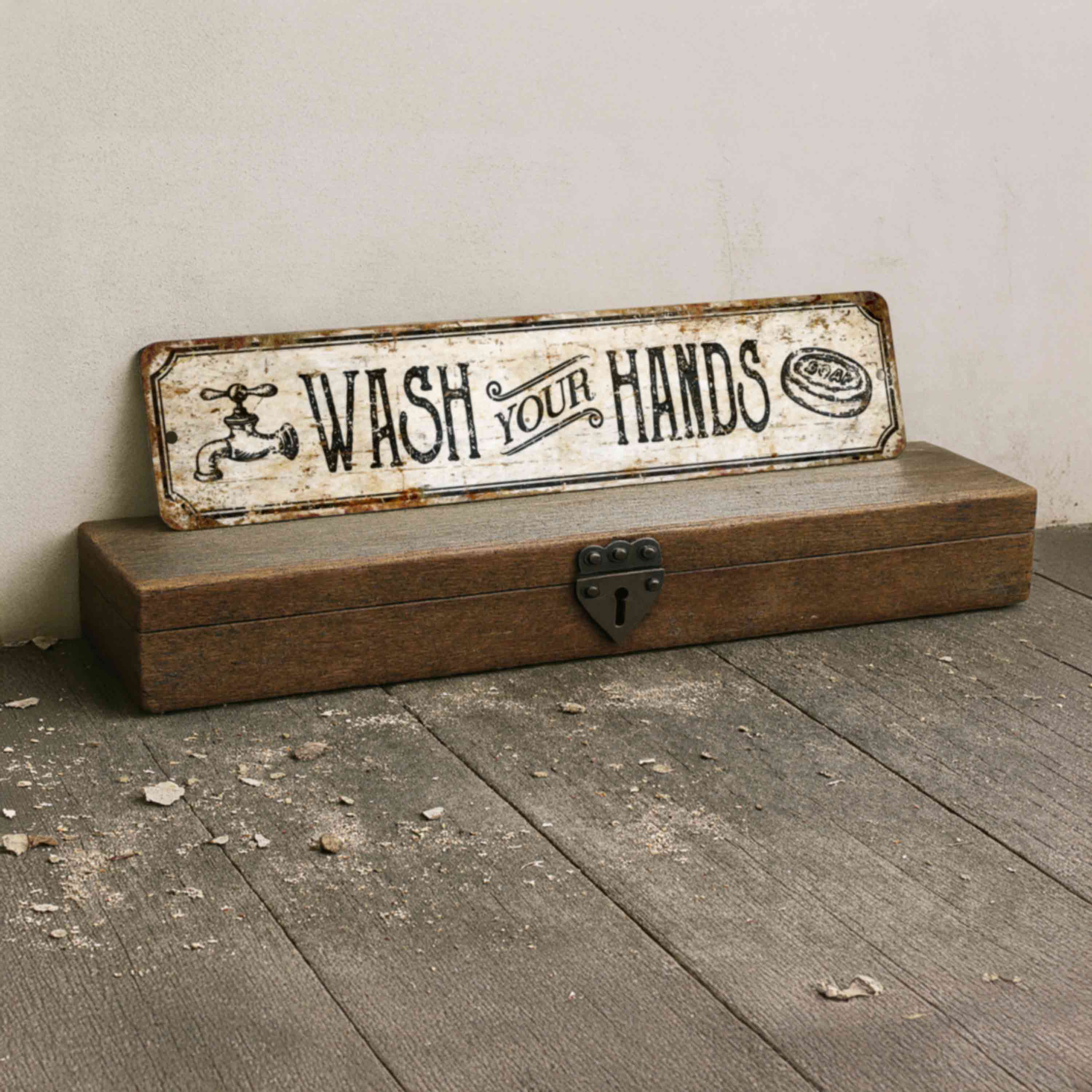 Rustic Wash Your Hands Metal Sign – Vintage Bathroom Wall Décor